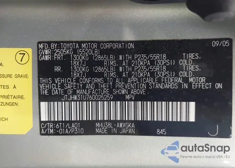 2006 Lexus Rx 400H 400 z USA, uszkodzony, nr VIN JTJHW31U760025259